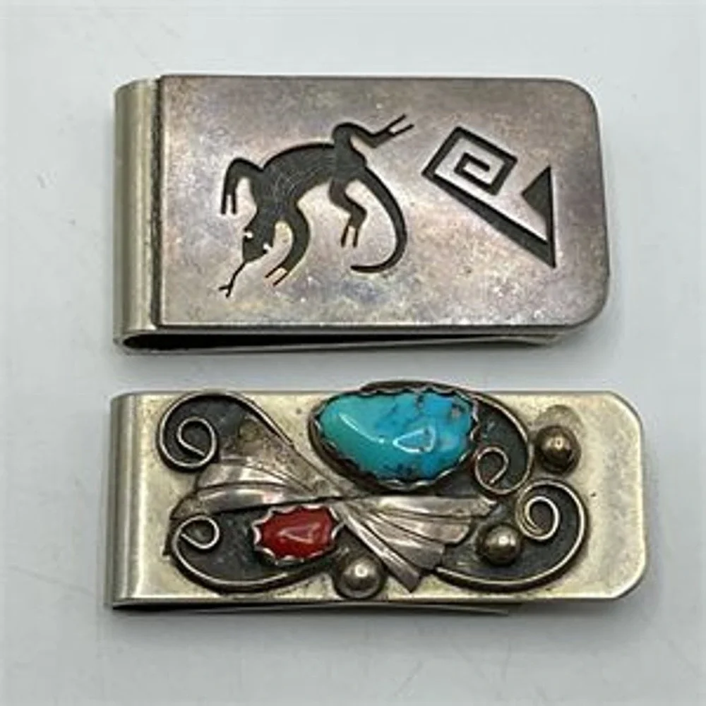2 Navajo Sterling Silver Over Metal Money Clip Kokopelli Design Turquoise Coral